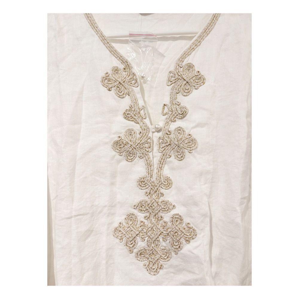 Soft Surroundings White Linen Gold Embroidered Tunic Top 3/4‎ Sleeve - Picture 4 of 5